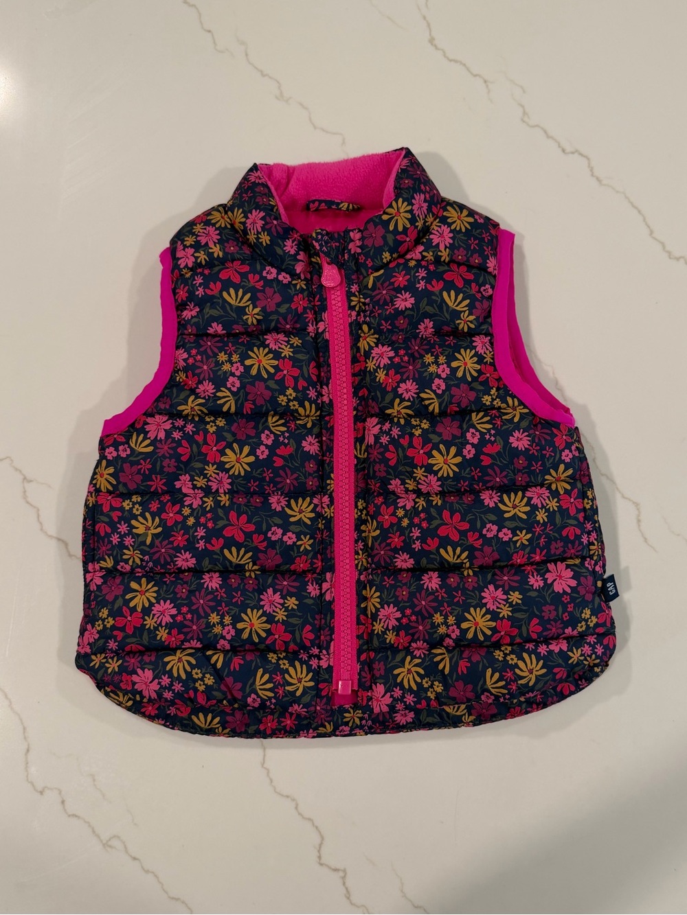 GAP Kids Floral Puffer Vest - Navy with Hot Pink Trim